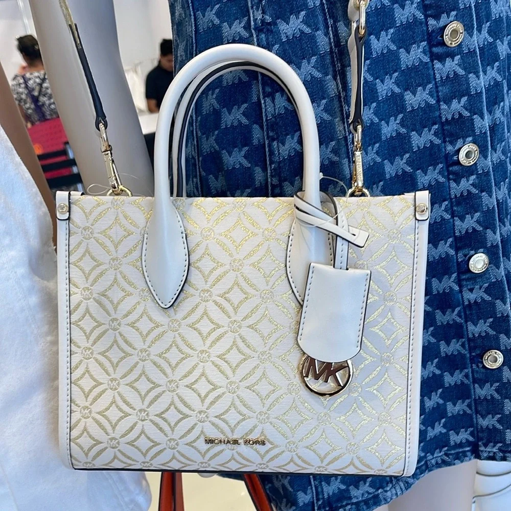 Michael Kors Mirella Small Metallic Logo Jacquard Crossbody Bag
Light Cream 
NWT - Picture 4 of 16